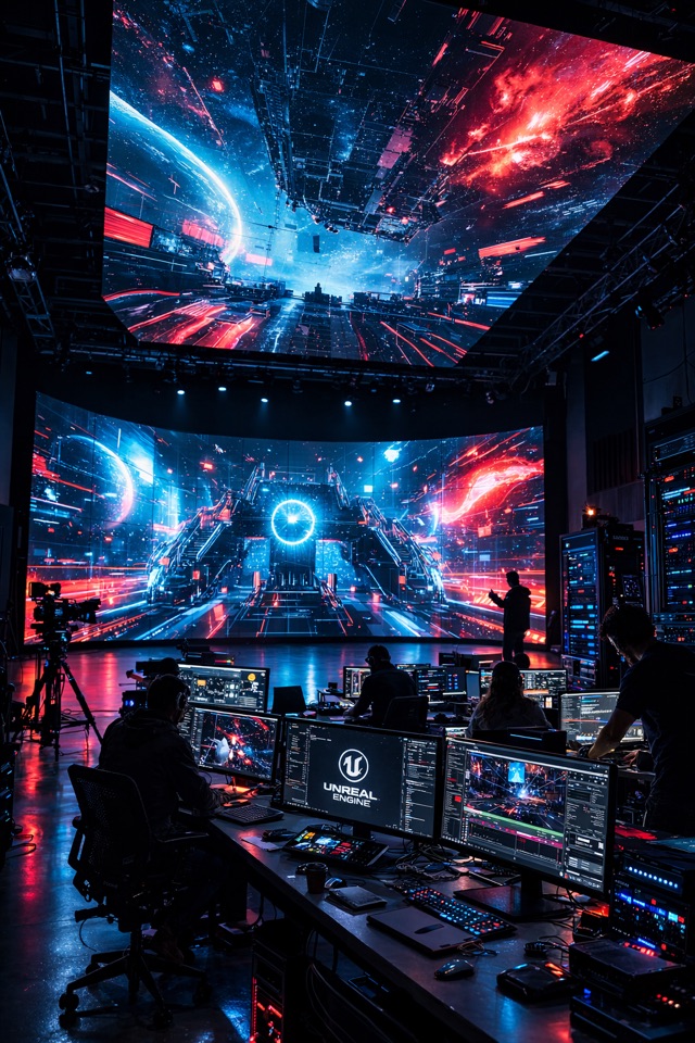 Sala de control con Unreal Engine y escena de ciencia ficción